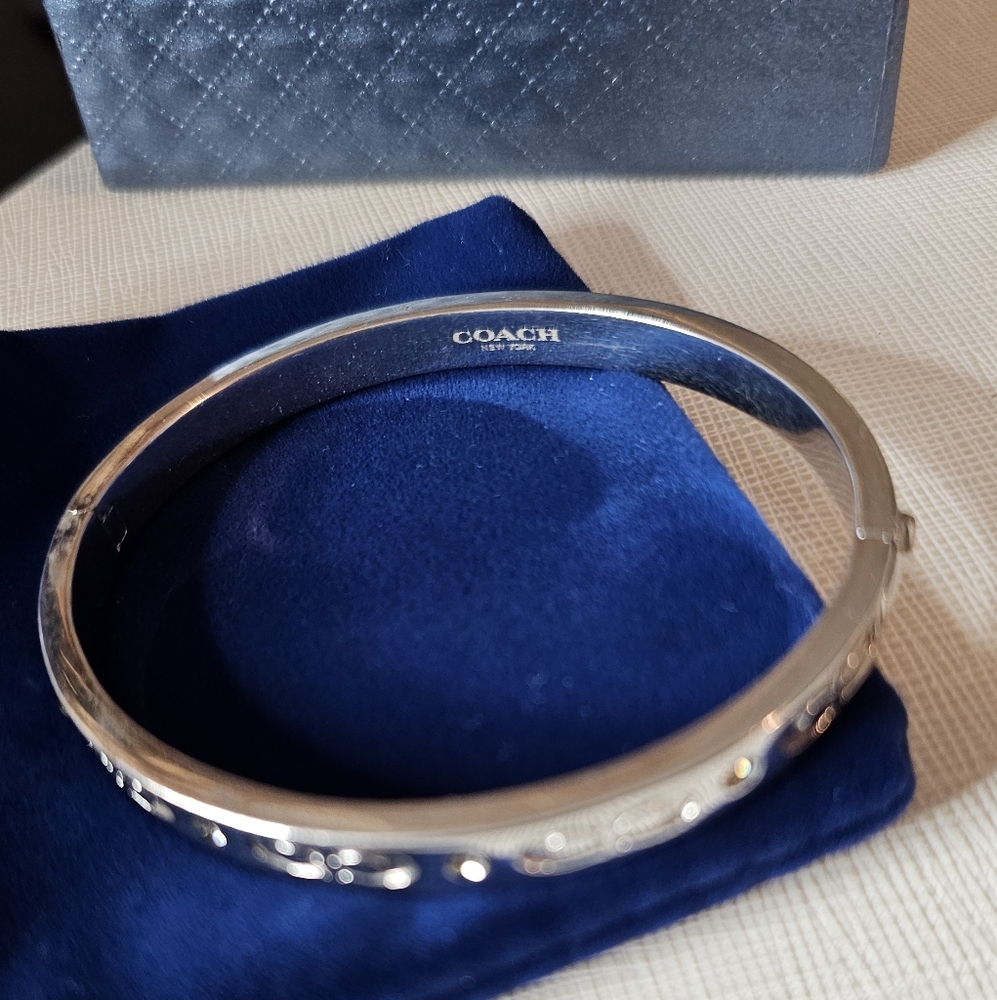 Coach Signature Pave Hinged Bracelet Silver & Rhinestone with Pouch Giftbox EUC